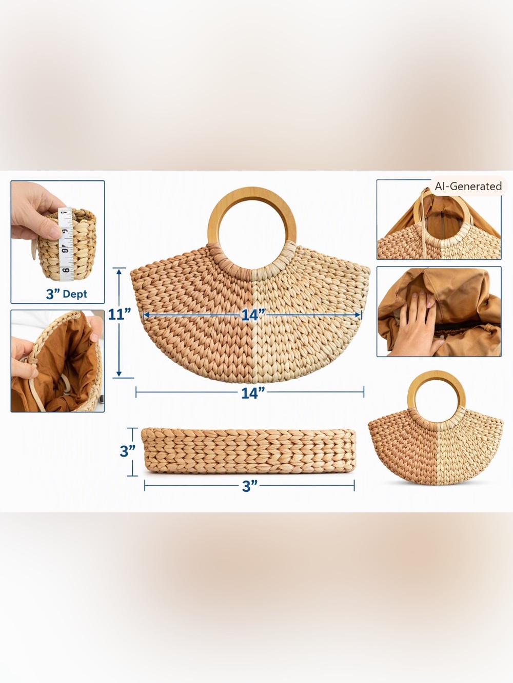 Neutral Woven Straw Tote with Wooden Circle Handles - Picture 5 of 16